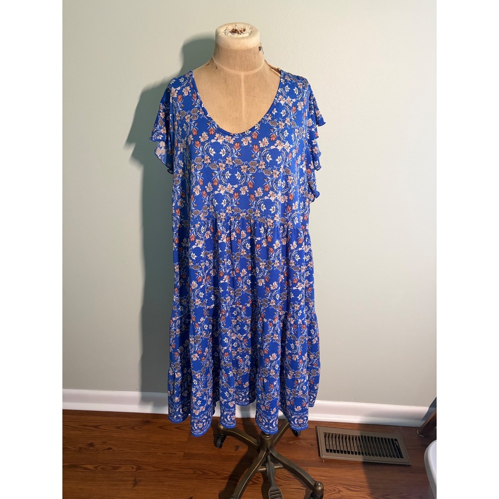 Max Studio Blue Floral Tiered V-Neck Flutter Sleeve Babydoll Dress Plus Size 3X